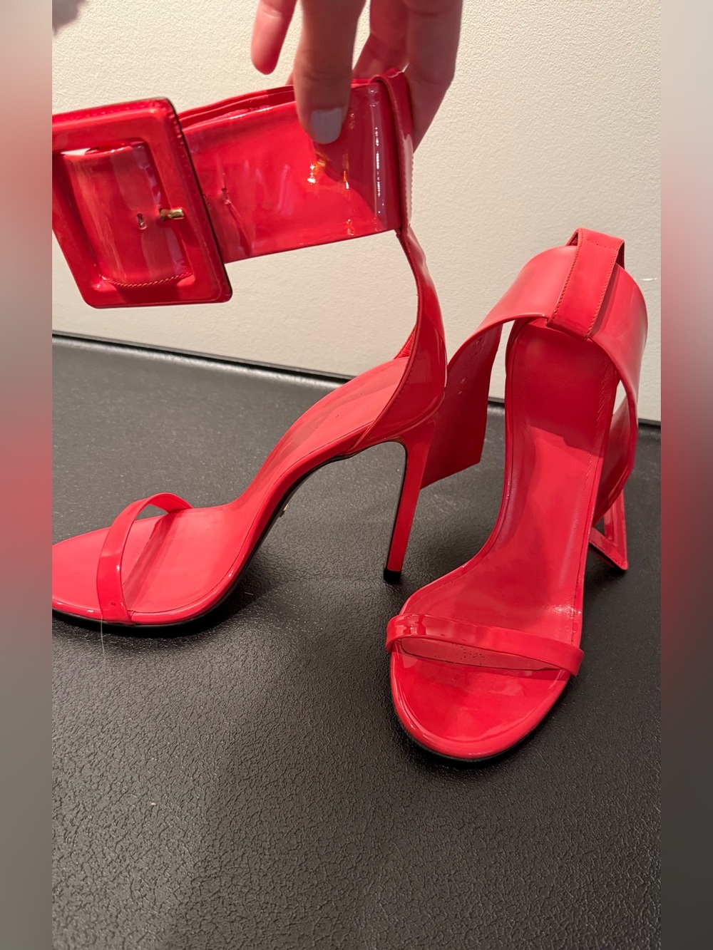 Gucci Red Patent Stiletto Sandals with Wide Buckle Ankle Strap